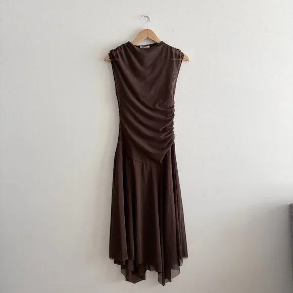 Zara Gathered Mesh Tulle Maxi Midi Dress Brown Size Medium - Picture 4 of 8